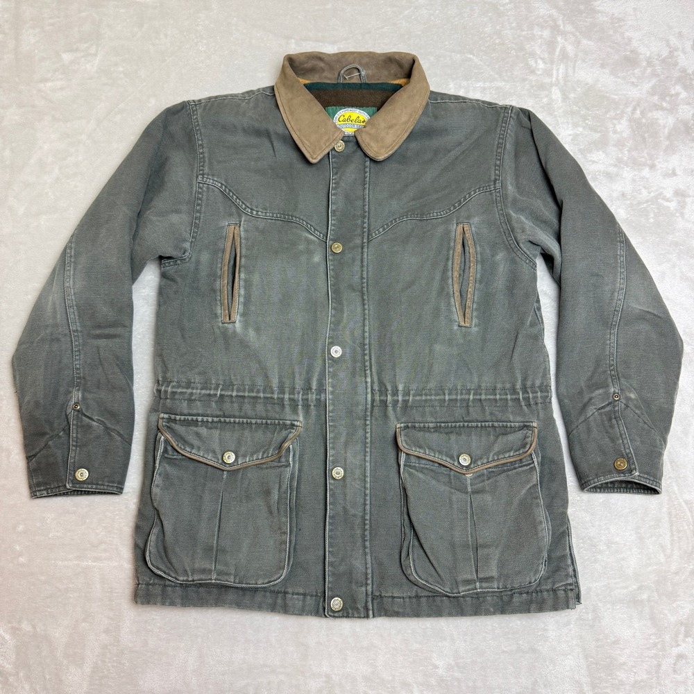 VTG Cabelas Outdoor Gear Field Jacket Mens M Olive Green Canvas Fleece Lined 90s